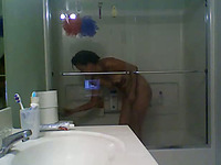 My sunburned brunette GF takes shower on hidden cam