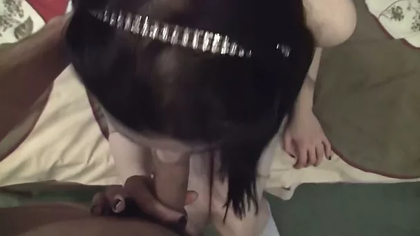 Teenage brunette sweetie gives head before sex in missionary pose