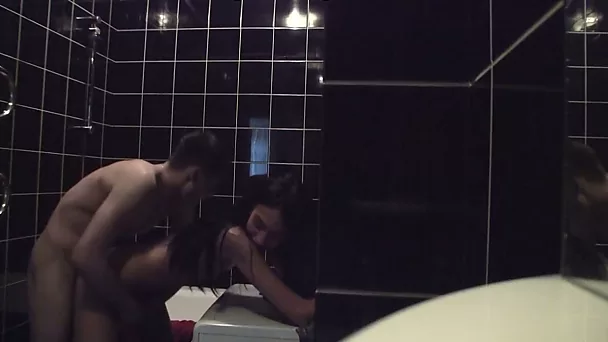 Stunning brunette chick gets hammered in the public toilet