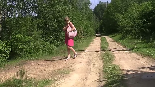 Seductive blonde bitch with great rack gets nailed well in the forest
