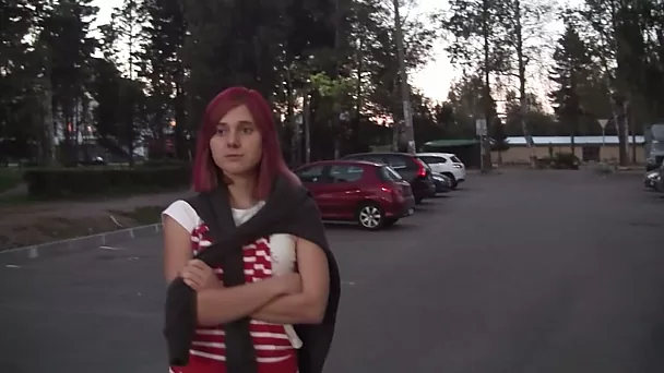 Teen cutie with dyed hair gets her shaved muff poked in different poses