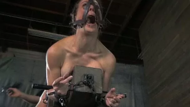 Immobilized hoe with a gag in mouth and a hook in ass punished hard