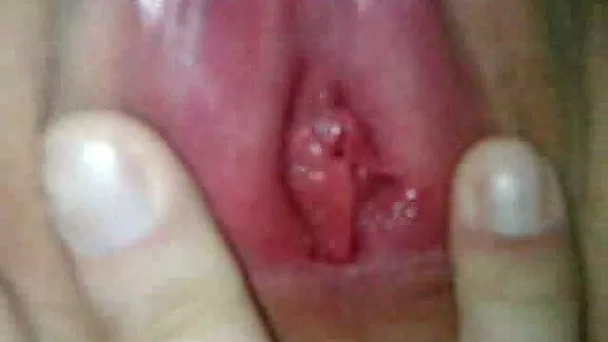 Examining my aroused wife's sweet shaved pinkish snatch - closeup