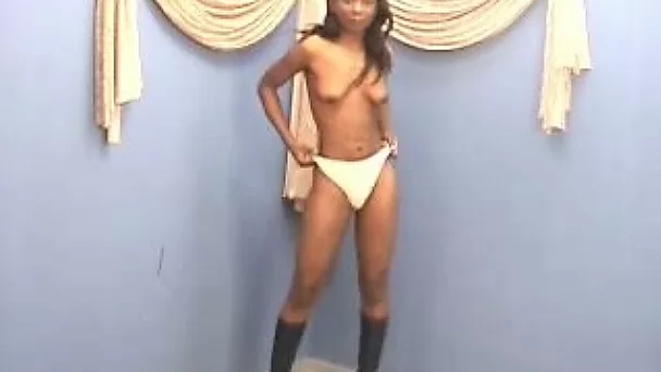 Skinny ebony cutie has really long legs and hairy snatch