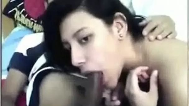 Bosomy amateur beauty sucks her BF's dick in webcam sex scene