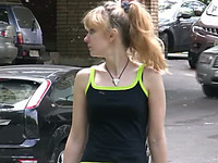 Blonde slender cutie pees in her pants again in public