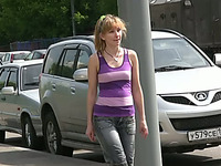 Skanky blonde Russian girl pees right in the middle of the street