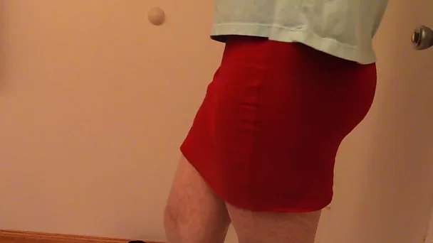 Cumming in a red mini skirt