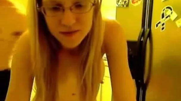 My skinny blonde GF shows her body for the webcam in the kitchen