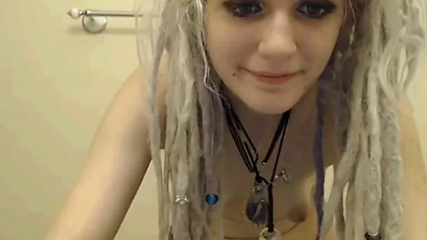 Quite slim and pretty amateur blond head pets both holes with toys