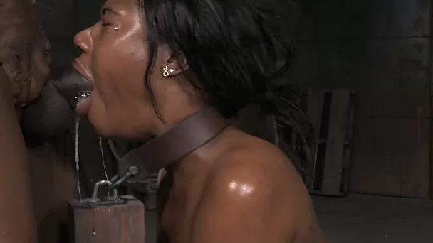 Humble oiled chocolate girlie gets brutally mouthfucked and facialized