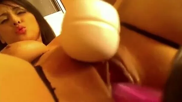 Busty golddigging brunette bimbo masturbates and squirts