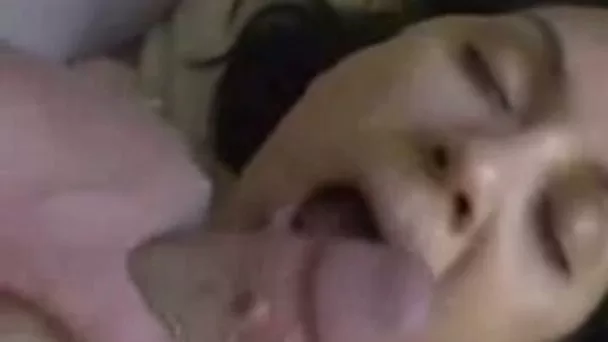 Beautiful housewife closes her eyes and gets herface glazed generously
