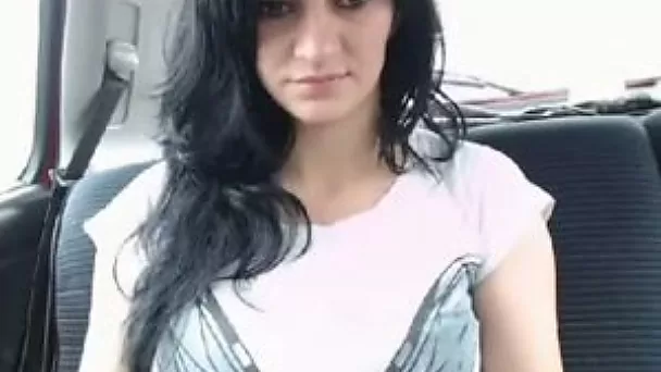 Beautiful big boobs of a kinky brunette girl in my car