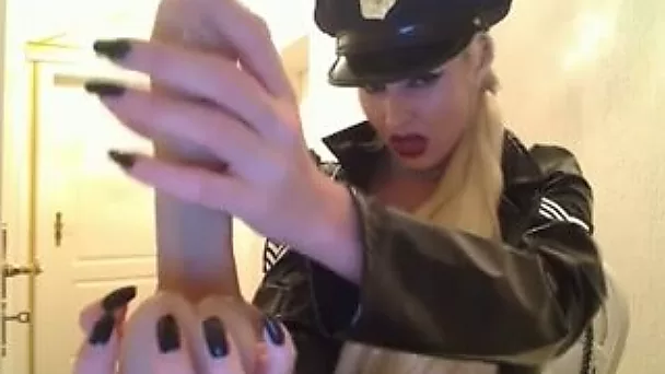 Dressed like a cop webcam blond head played with her huge dildo