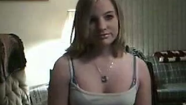 Cute white blondie playing with her shaved coochie
