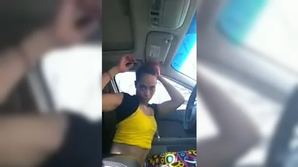 Kinky Latina nympho with red hair strips and tapes that vid in her car
