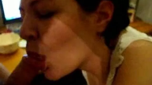 Evening cock sucking workout of my hot brunette MILF wife