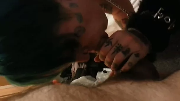 Green haired emo bitch provided my perverted buddy's dick with BJ