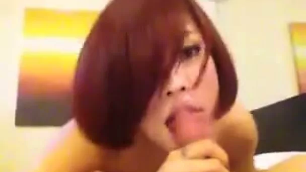 Short haired cute Asian beauty sucks my buddy's strong sloppy cock