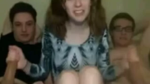 Cute pigtailed amateur teen with sweet titties jerks off two dicks