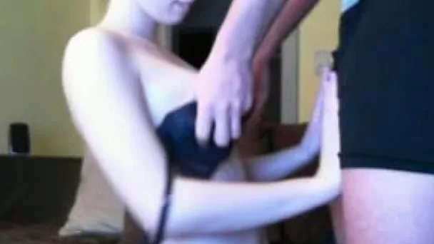 Slender pale leggy and horny amateur brunette sucked her BF's dick on cam