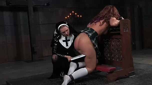 Sweet and sexy redhead lady spanked and teased by wicked nun