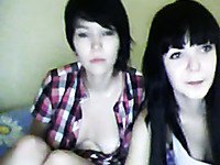 Two naughty dark haired webcam lesbos undress and tease titties