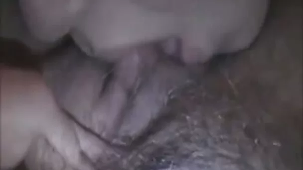 My naughty GF licks my big clit and my hairy pussy closeup video