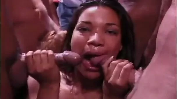 Two hot cock hungry sluts can stuff three dicks in their mouths