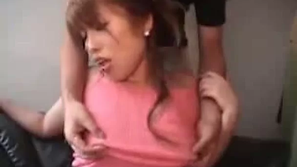 Horny roommate rubbing his new GF's big boobs with oil