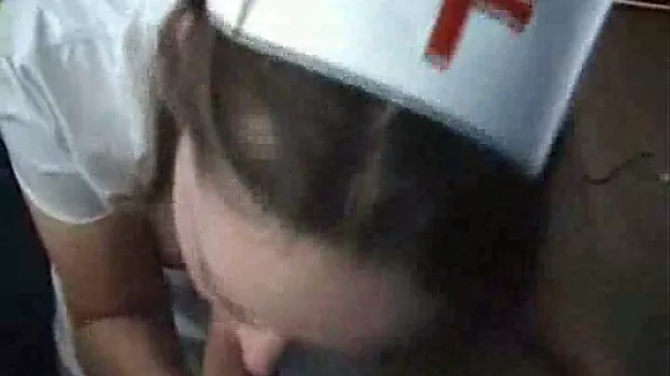 Busty brunette wife in nurse uniform blows me and takes mouthful