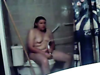 Horny chubby roommate got caught masturbating in a bathroom