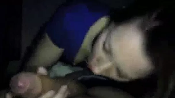 Passionate blowjob from stunning white girlfriend in the dark room