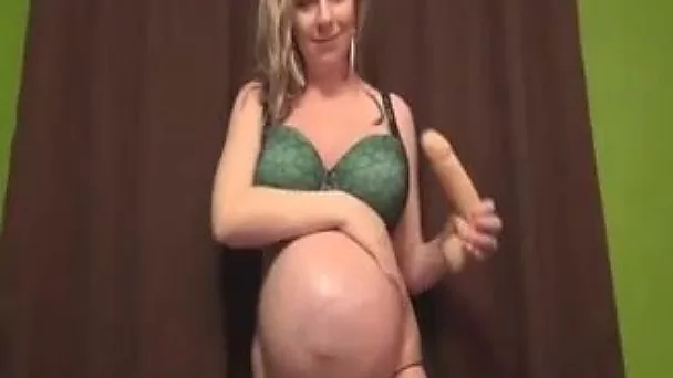 Pregnant filthy blonde bitch with huge boobies used dildo for solo