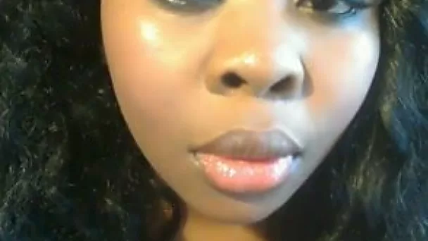 Curly kinky black hottie sucked dildo in front of her webcam
