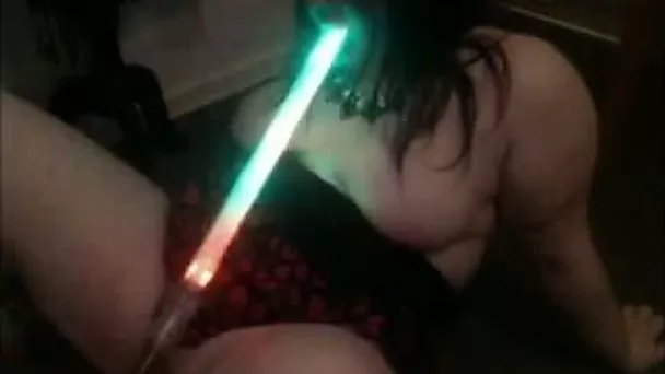 Lewd extremely fat brunette bitch used bright neon light lamp for solo