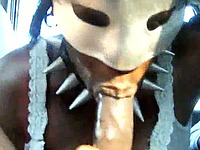 Nasty black woman in wicked mask eats BBC and gives nice rimjob