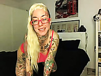 All tattooed naughty and slutty blonde lady sucked dildo and fucked with it