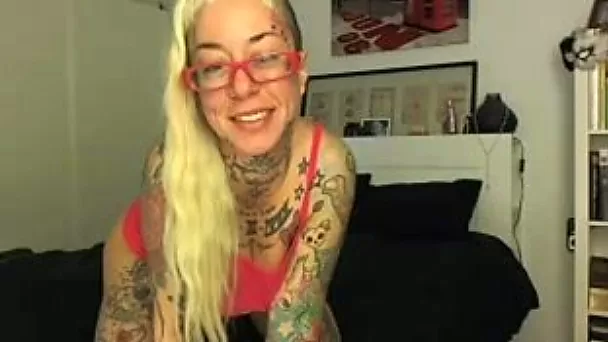 All tattooed naughty and slutty blonde lady sucked dildo and fucked with it