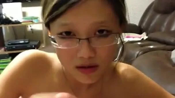 Foureyed Asian babe sucking my big dick in POV