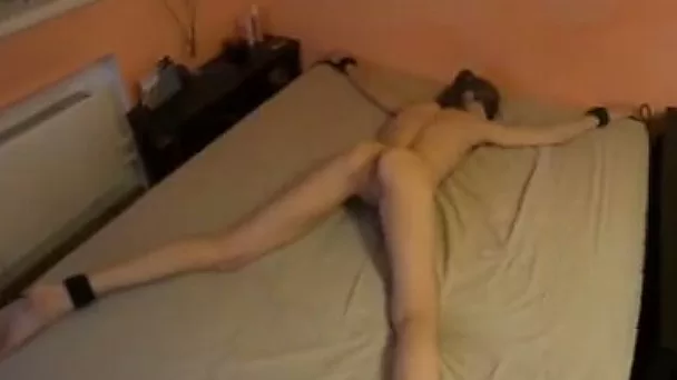 Skinny white submissive wifey bound on the bed and fucked