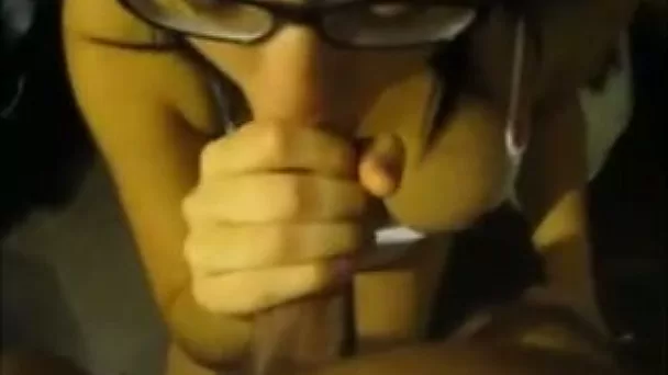 Nerdy ebony girlfriend sucking my dick balls deep like a pro