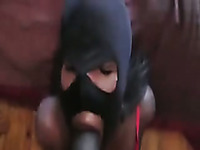 Sexy girl in a facial mask sucking my big dick balls deep