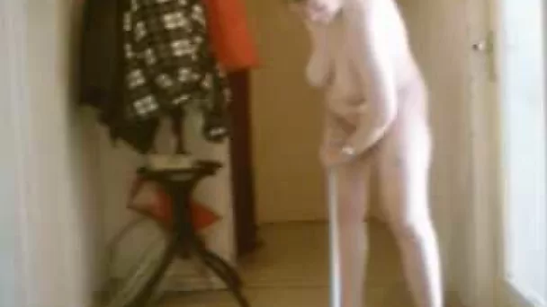 Perverted mature brunette wife of my neighbor cleans the house
