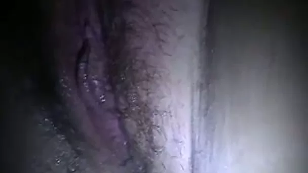 Poking wet hairy pussy with sex toy while filming my wife on camera