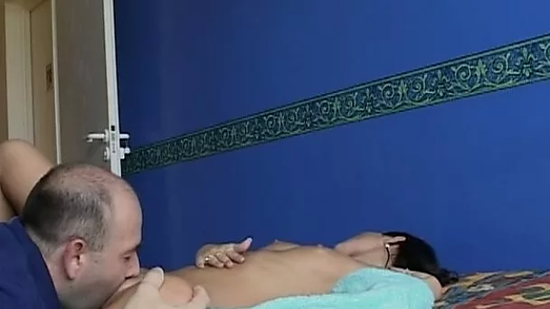 Bald mature guy gets to eat gorgeous amateur brunette cutie
