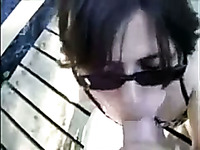 Perverted ordinary black haired lady in sunglasses sucked my buddy