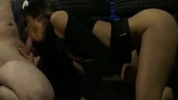 Hot slim Indian whore fucks two men in the garage