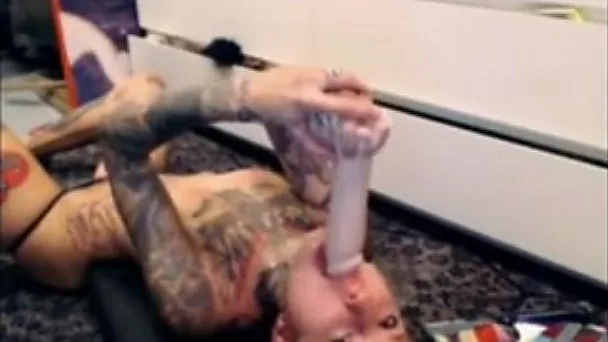 Tattooed perverted all alone blonde whore sucked dildo in a nasty way